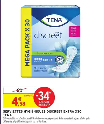 Intermarché Hyper TENA Serviettes hygiéniques discreet extra x30 offre