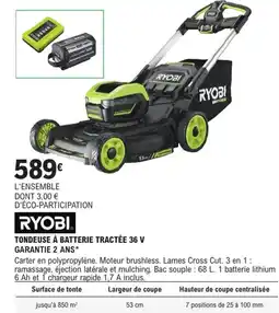 E.Leclerc Brico RYOBI Tondeuse à batterie tractée 36 v offre