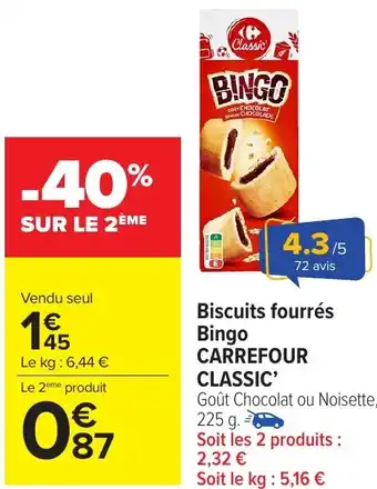 Carrefour Market Biscuits fourrés Bingo CARREFOUR CLASSIC offre