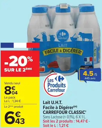 Carrefour Lait U.H.T. Facile à Digérer CARREFOUR CLASSIC' offre