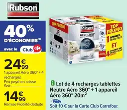 Carrefour Lot de 4 recharges tablettes Neutre Aéro 360° + 1 appareil Aéro 360° 20m² offre