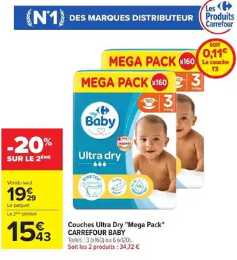 Carrefour CARREFOUR BABY Couches Ultra Dry "Mega Pack" offre