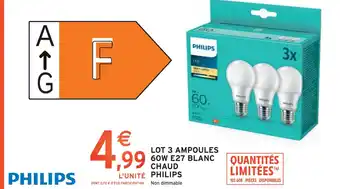 Intermarché PHILIPS Lot 3 ampoules 60w e27 blanc chaud offre