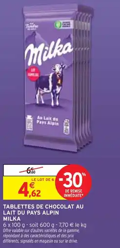 Intermarché MILKA Tablettes de chocolat au lait du pays alpin offre