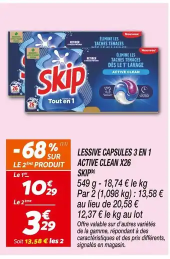 Netto SKIP Lessive Capsules 3 en 1 Active Clean X26 offre