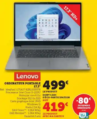 Hyper U Lenovo Ordinateur portable 17,3" offre