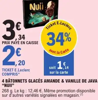 E.Leclerc Express 4 bâtonnets glacés amande & vanille de java nuii offre