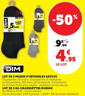 Hyper U Lot de 5 paires d'invisibles adulte, lot de 5 mi-chaussettes homme offre