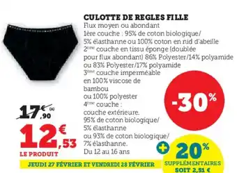 Hyper U Culotte de regles fille offre