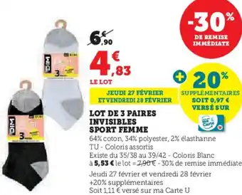 Hyper U Lot de 3 paires invisibles sport femme offre