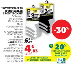 Hyper U Lot de 3 paires d'invisibles sport homme offre