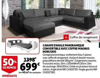 Auchan Canape d'angle panoramique convertible avec coffre magnus noir/gris offre