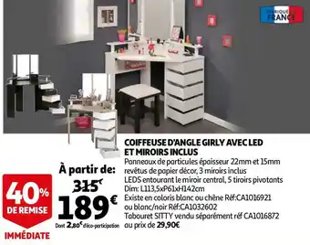 Auchan Coiffeuse d'angle girly avec led et miroirs inclus offre