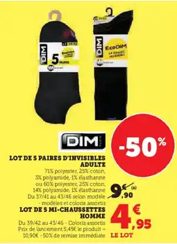 Hyper U Lot de 5 paires d'invisibles adulte, lot de 5 mi-chaussettes homme offre