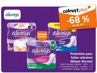 Colruyt Always discreet Protection pour fuites urinaires offre