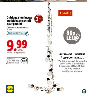 Lidl Guirlande lumineuse ou éclairage sans fil pour parasol offre