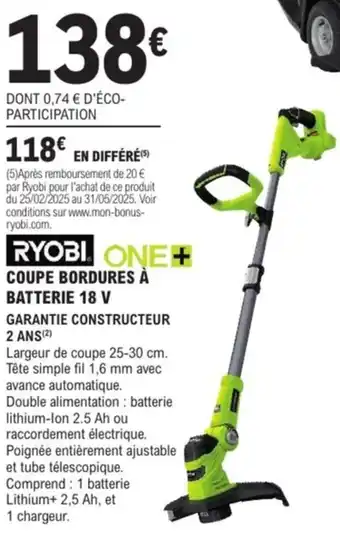 E.Leclerc Brico Ryobi one+ coupe bordures à batterie 18 V offre