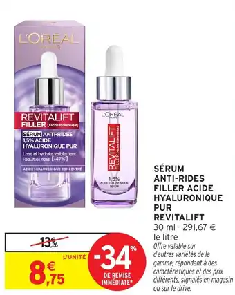 Intermarché Sérum anti-rides filler acide hyaluronique pur revitalift offre