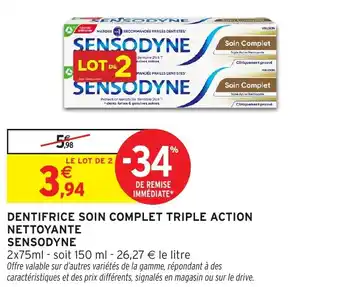 Intermarché Dentifrice soin complet triple action nettoyante sensodyne offre