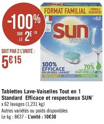 Géant Casino Sun tablettes lave-vaiselles tout en 1 standard efficace et respectueux* offre
