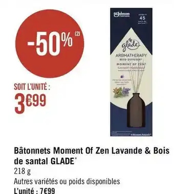 Géant Casino Glade bâtonnets moment of zen lavande & bois de santal* offre