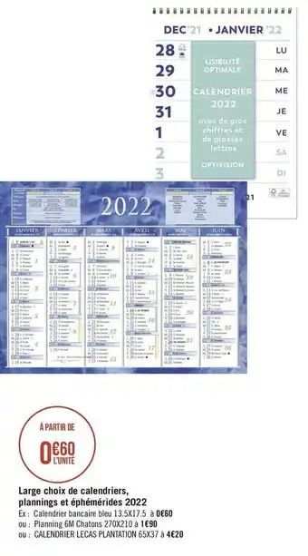Géant Casino Large choix de calendriers, plannings et éphémérides 2022 offre
