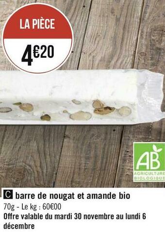 Barre de nougat et amande bio