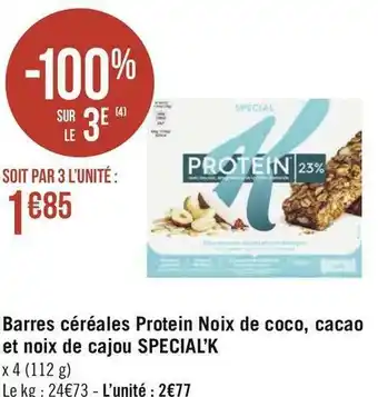 Géant Casino Special’k barres céréales protein noix de coco, cacao et noix de cajou offre