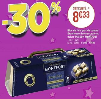 Géant Casino Maison montfort bloc de foie gras de canard excellence finement salé et poivré offre