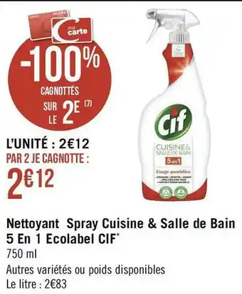 Géant Casino Cif nettoyant spray cuisine & salle de bain 5 en 1 ecolabel * offre