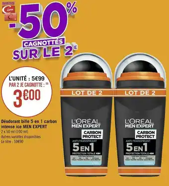 Géant Casino L'oréal déodorant bille 5 en 1 carbon intense ice offre