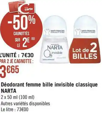 Géant Casino Narta déodorant femme bille invisible classique offre