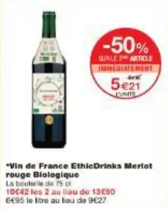 Monoprix Vin de France EthicDrinks Merlot rouge Biologique offre