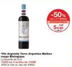 Monoprix Vin Argentin Terra Argentea Malbec rouge Biologique offre