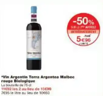 Monoprix Vin Argentin Terra Argentea Malbec rouge Biologique offre