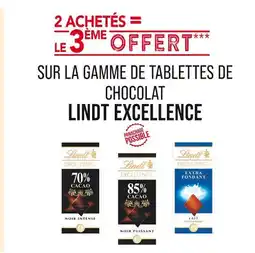 Match Lindt 2 achetés = le 3ème offert sur la gamme de tablettes de chocolat Lindt Excellence offre