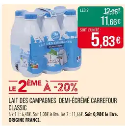 Match Carrefour Classic Lait des Campagnes Demi-Écrémé offre