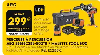 Tout faire matériaux AEG Perceuse à percussion BSB18C2BL-502TB + Malette Tool Box offre