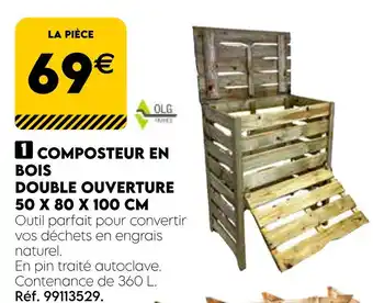 Tout faire matériaux OLG Composteur en bois double ouverture 50 x 80 x 100 cm offre