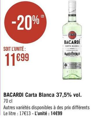 Géant Casino Bacardi bacardi carta blanca 37,5% vol. offre