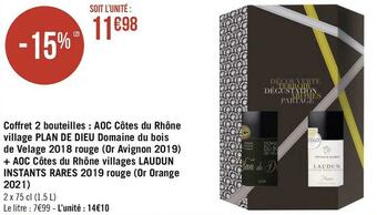 Géant Casino Domaine du bois de velage coffret 2 bouteilles : aoc côtes du rhône village plan de dieu domaine du bois de velage 2018 rouge offre