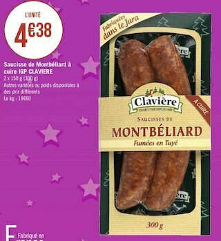 Géant Casino Claviere saucisse de montbéliard à cuire igp offre