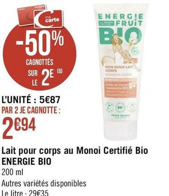 Energie bio lait pour corps au monoi certifié bio