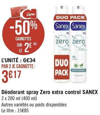 Géant Casino Sanex déodorant spray zero extra control offre