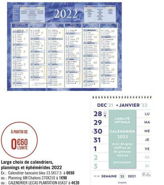 Géant Casino Large choix de calendriers, plannings et éphémérides 2022 offre