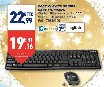 Bureau Vallée Logitech pack clavier souris sans fil mk270 offre