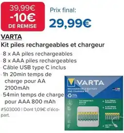 Costco Varta Kit piles rechargeables et chargeur offre