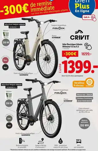 Lidl CRIVIT Vélo Électrique Urbain Shimano Y.3 ou X.3 offre