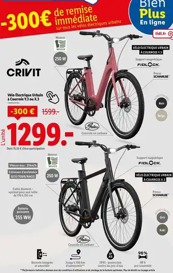 Lidl CRIVIT Vélo Électrique Urbain à Courroie Y.3 ou X.3 offre