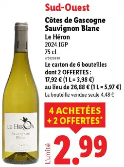 Lidl Côtes de Gascogne Sauvignon Blanc Le Héron offre